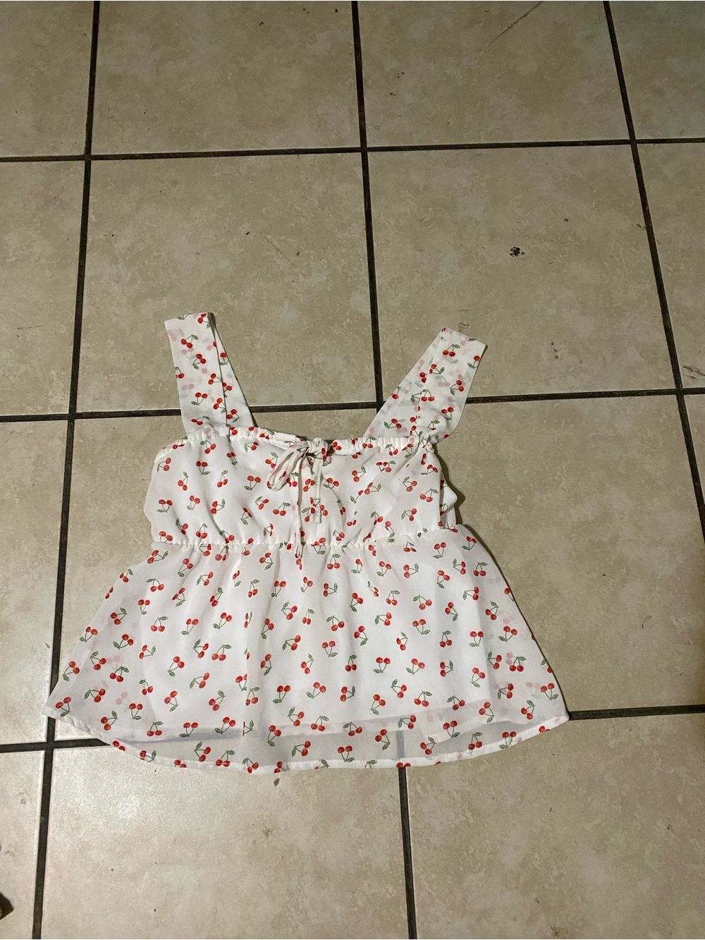 White Cherry Print Sleeveless Tie-Front Top